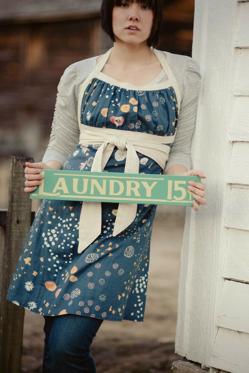 Blue floral Emmeline Apron sewing pattern