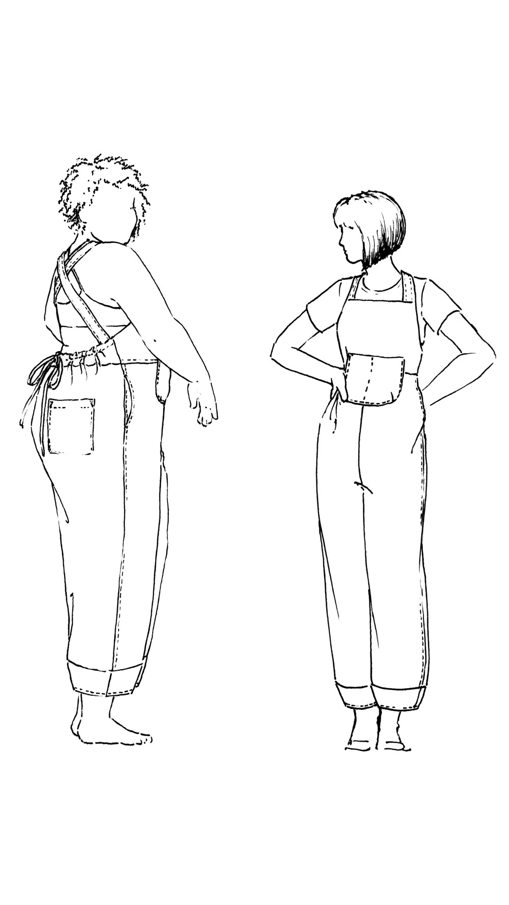 Two styled figures wearing Otis Overalls, with a side and front view