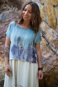 Meg wears an indigo dyed Strata Top