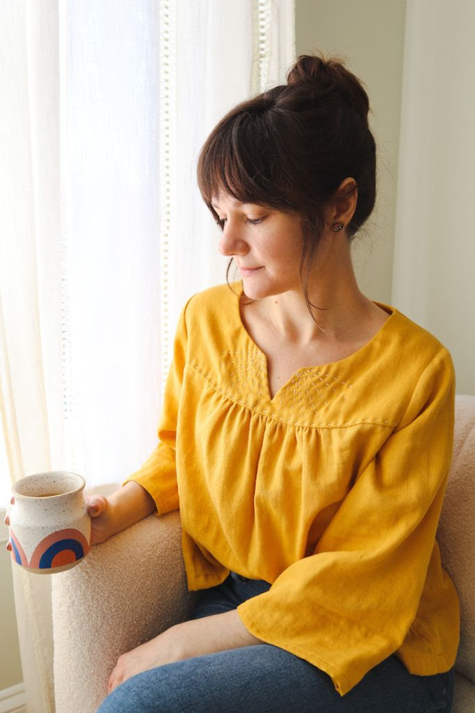 Sewing Basics 2 is here! 1 Meredith wearing a yellow Nocturne Top.