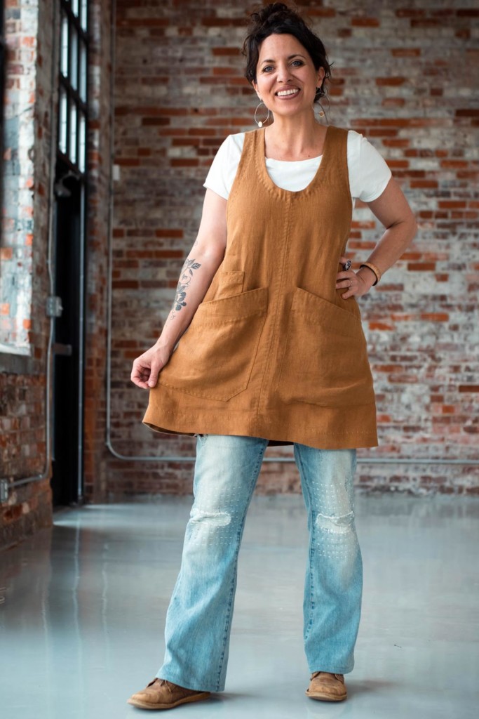 Meg wearing a caramel-colored Studio Tunic