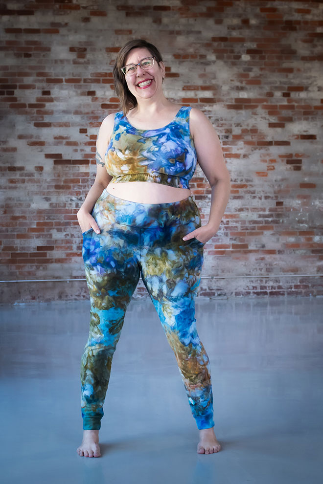 Shaerie wearing ice-dyed Limestone Leggings and Top