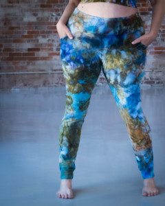 Detail of blue green ice dyed Limestone Leggings