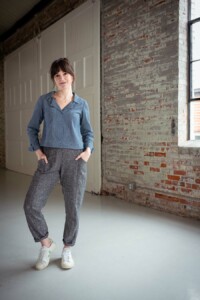 Meredith wearing a chambray joanie top