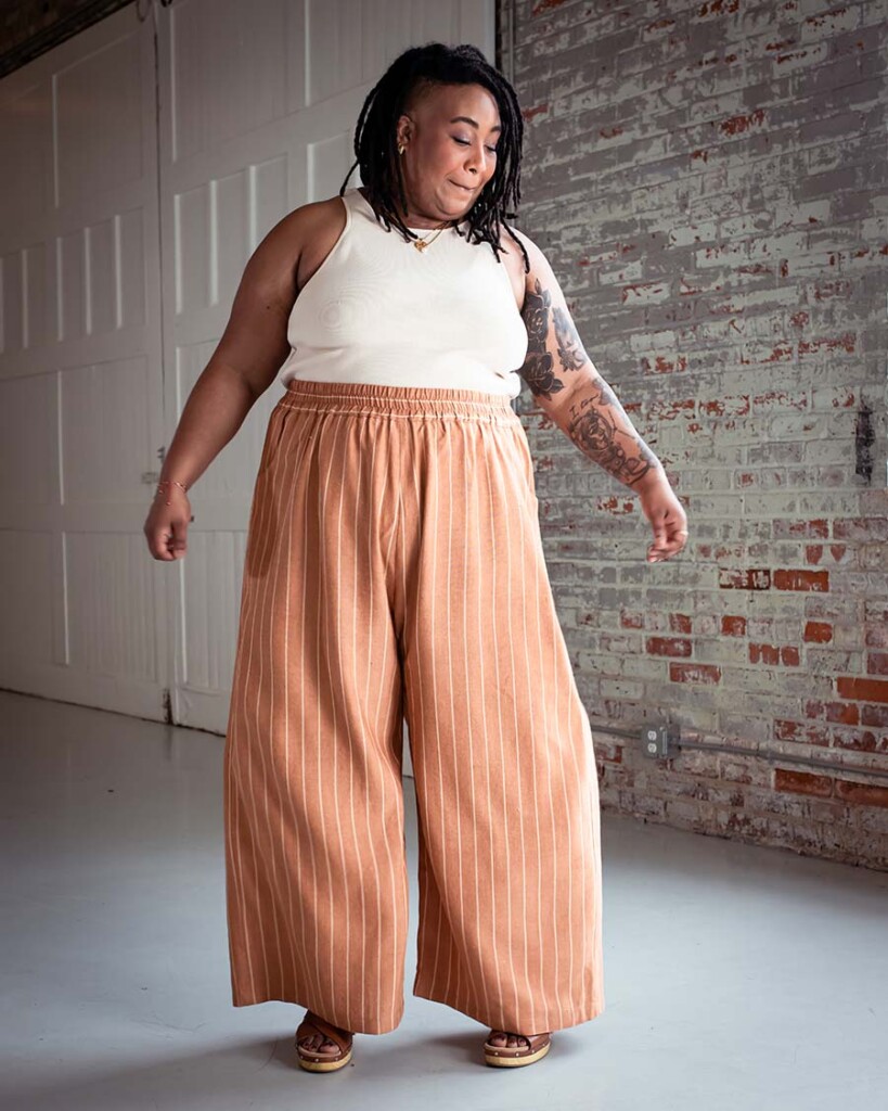 Fabric and Fit for the Chanterelle Pants 8 Ashley wearing striped view a chanterelle pants and a cream tank