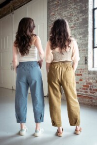 Meg wears olive chanterelle pants and Meredith wears blue ones