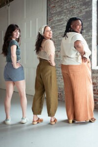 Meredith, Meg and Ashely wearing view c, view b, and view a chanterellas, respectively. They are all smiling.