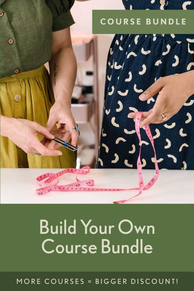 a graphic that says "build your own course bundle" in beige on a green background with an image of Meg and Sophia's hands.