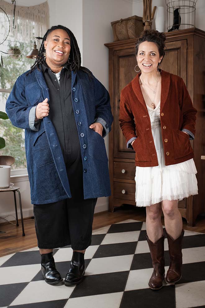 Ashley and Meg wearing Sylvan Jackets from the sewing pattern
