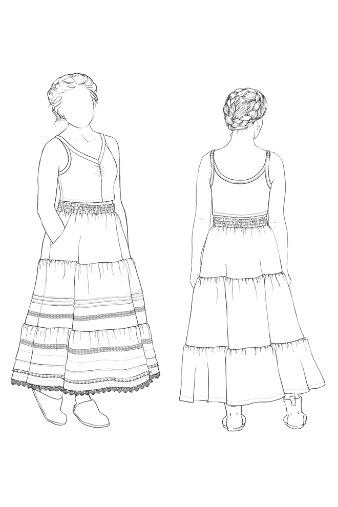 a croquis drawing of the songbird skirt and tank top