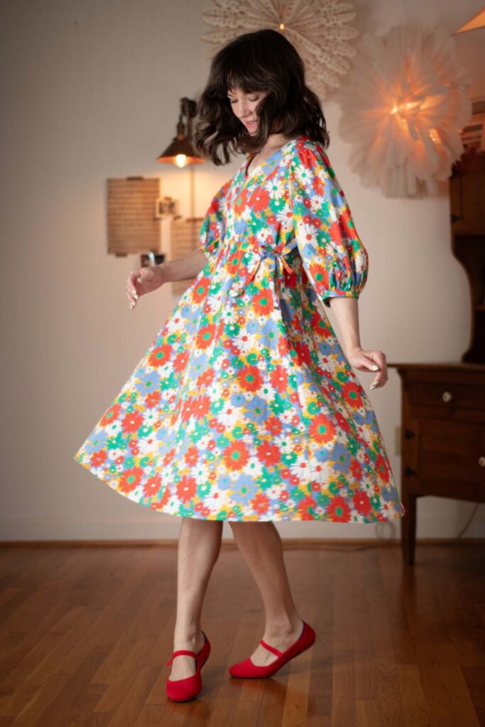 Meredith wears a floral cotton poplin, 3/4 sleeve, view a Ember dress