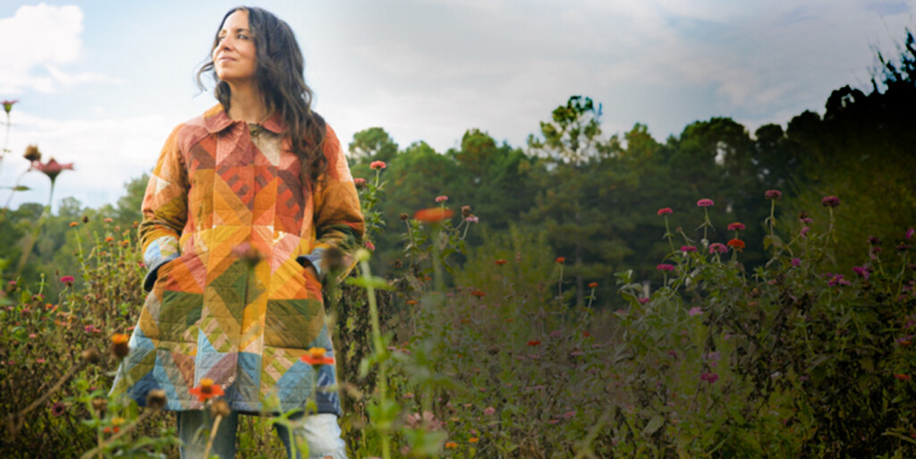  Meg wearing a pieced Retazo Coat